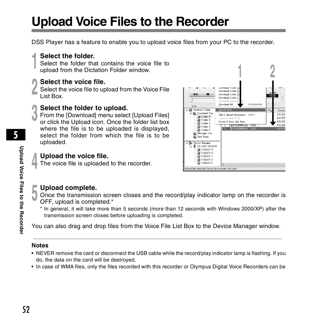 Olympus DS-2200 Upload Voice Files to the Recorder, Select the folder to upload, Upload the voice file, Upload complete 