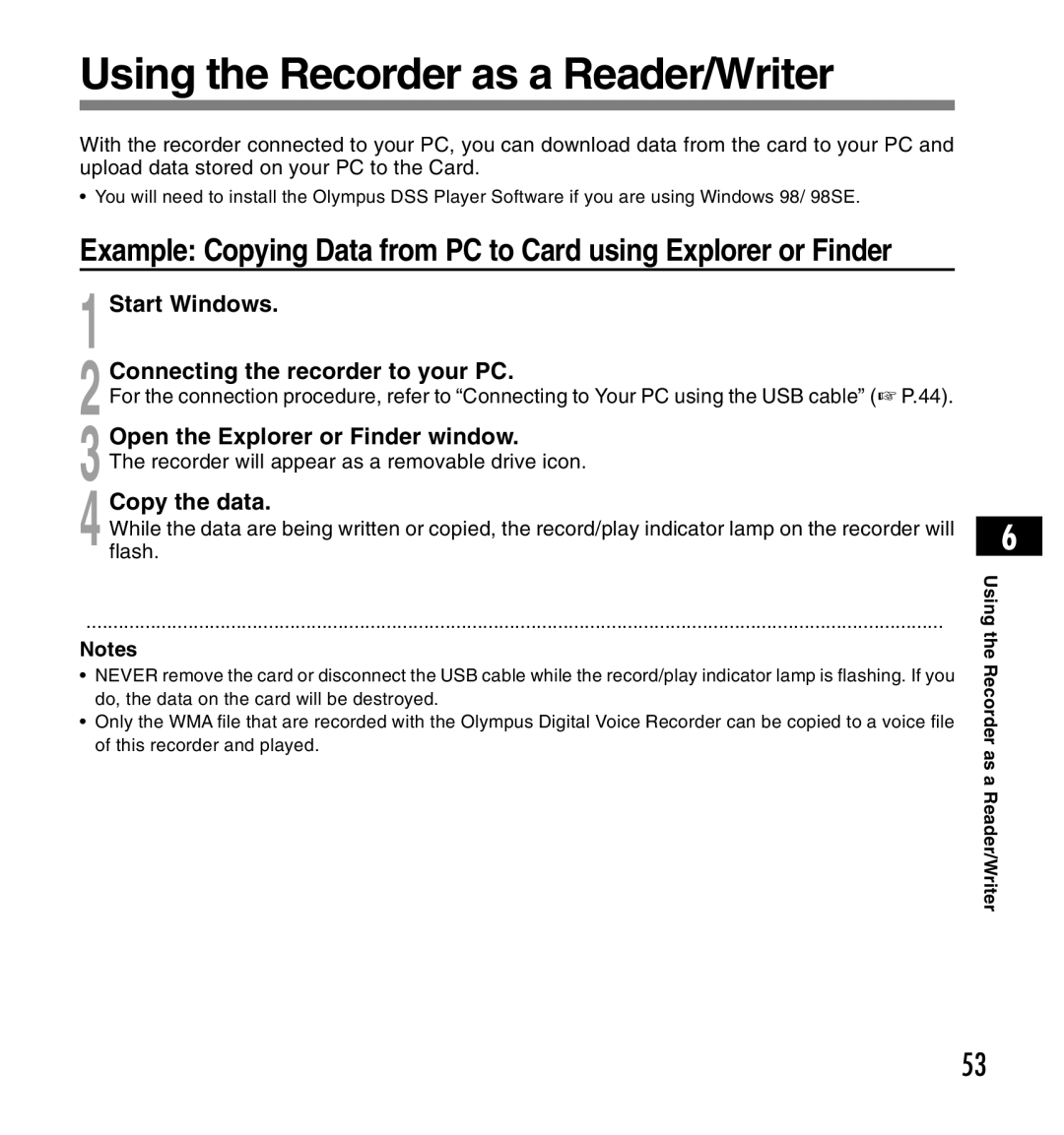 Olympus DS-2200 Using the Recorder as a Reader/Writer, Start Windows Connecting the recorder to your PC, Copy the data 