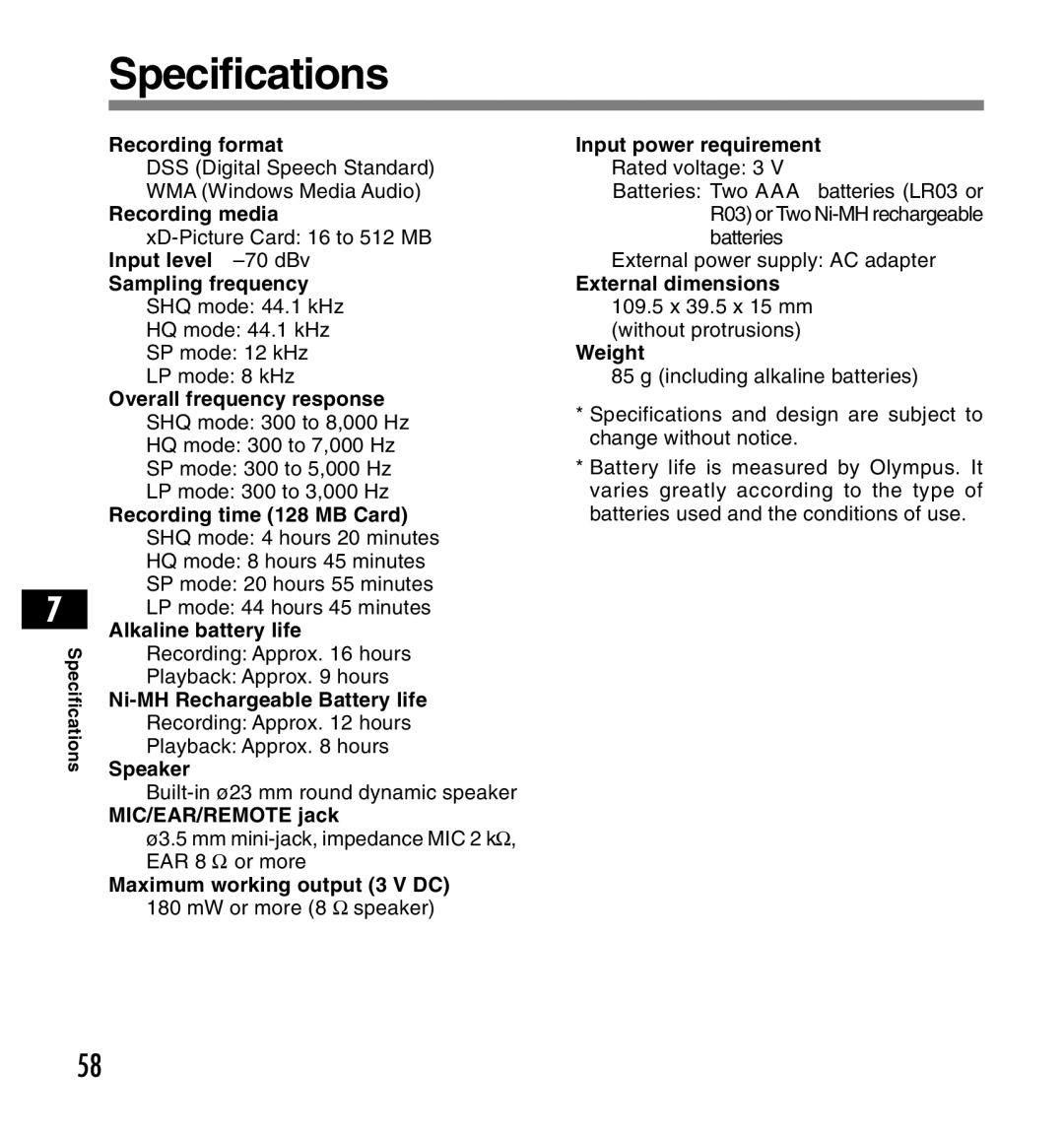 Olympus DS-2200 manual Specifications 