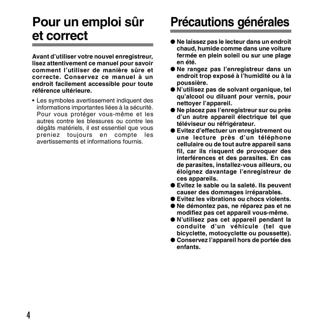 Olympus DS-2200 manual Pour un emploi sûr et correct, Evitez les vibrations ou chocs violents 