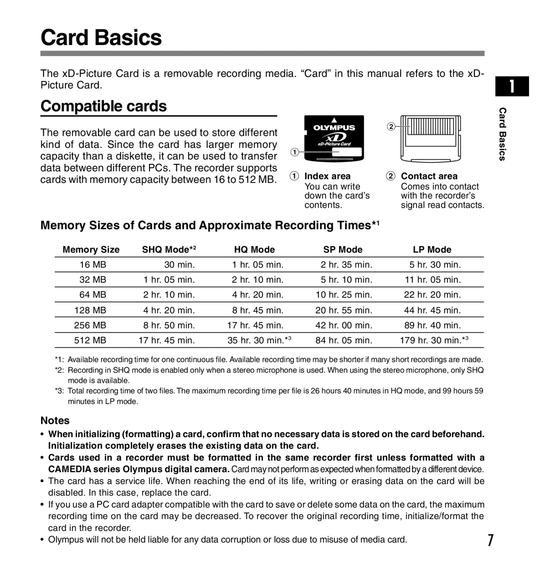 Olympus DS-2200 manual Card Basics, Compatible cards, Memory Sizes of Cards and Approximate Recording Times*1 