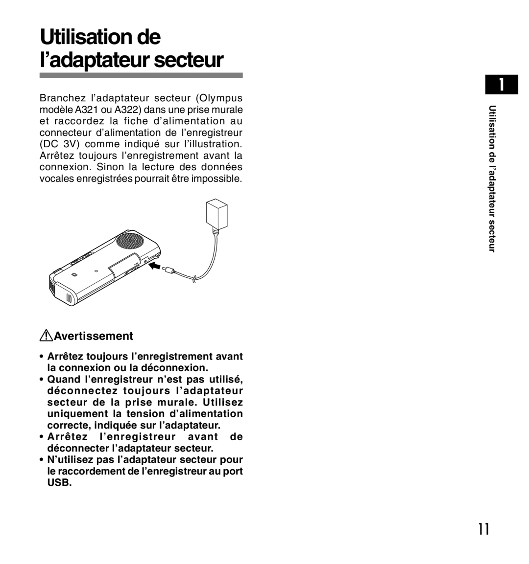 Olympus DS-2200 manual Utilisation de ’adaptateur secteur, Avertissement 