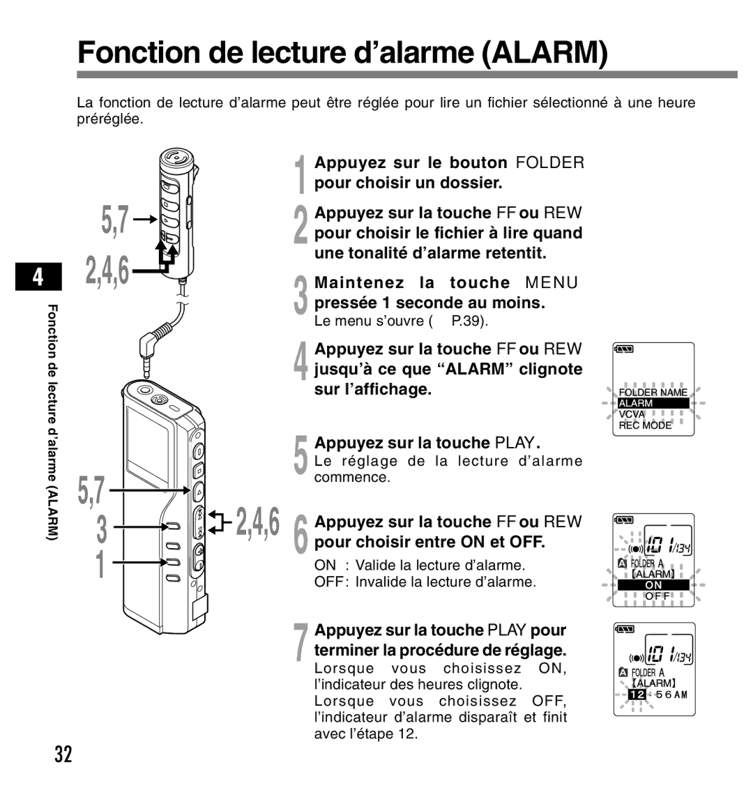 Olympus DS-2200 manual Fonction de lecture d’alarme Alarm, Appuyez sur le bouton Folder, Une tonalité d’alarme retentit 