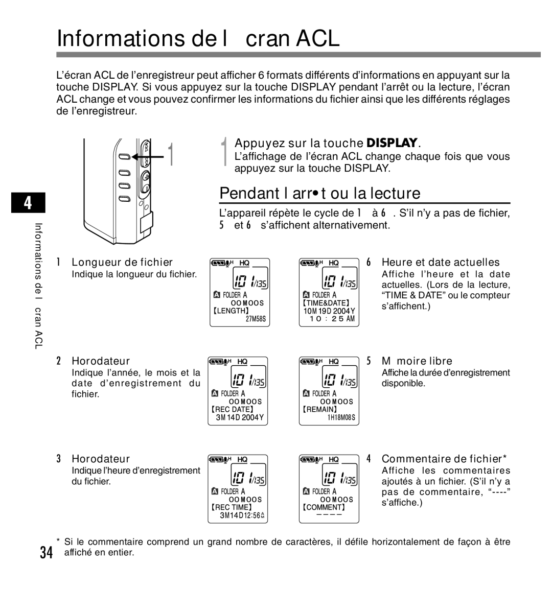 Olympus DS-2200 manual Informations de l’écran ACL, Pendant l’arrêt ou la lecture, Appuyez sur la touche Display 