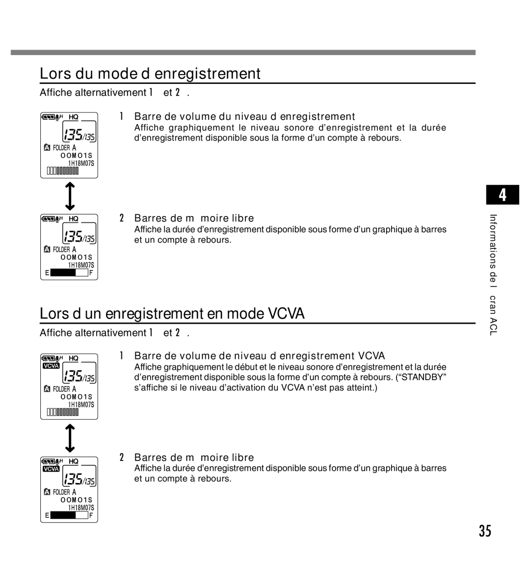 Olympus DS-2200 manual Lors du mode d’enregistrement, Lors d’un enregistrement en mode Vcva, Barres de mémoire libre 