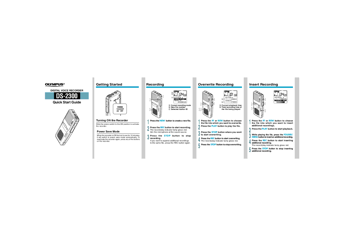 Olympus DS-2300 quick start Getting Started, Overwrite Recording, Insert Recording 