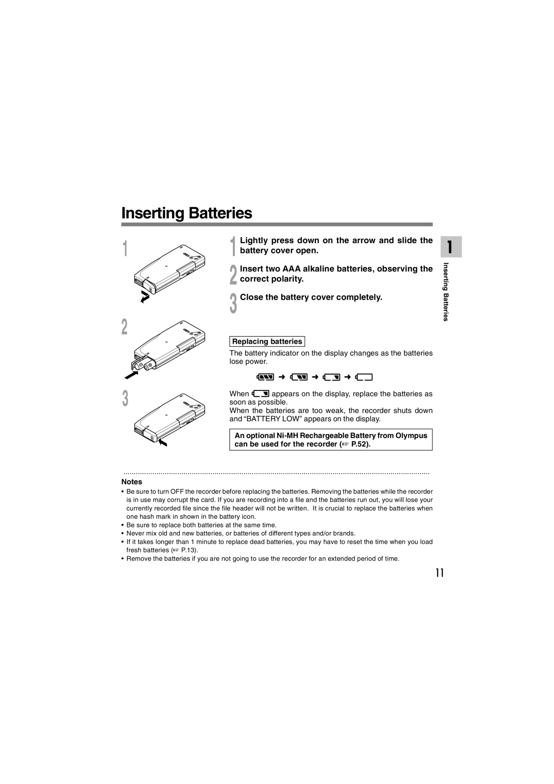 Olympus DS-2300 Inserting Batteries, Lightly press down on the arrow and slide, Battery cover open, Replacing batteries 