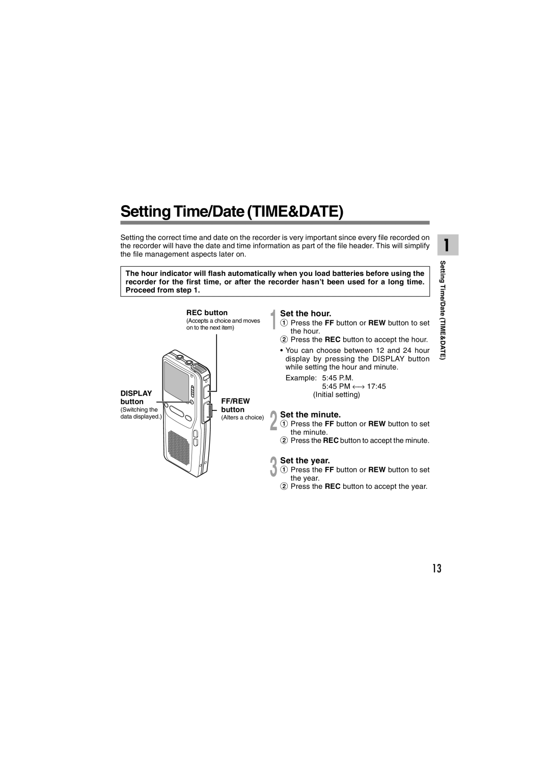 Olympus DS-2300 manual Setting Time/Date TIME&DATE, Set the hour, Set the minute, Set the year 