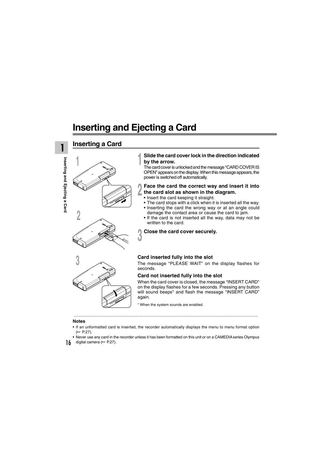 Olympus DS-2300 manual Inserting and Ejecting a Card, Inserting a Card 