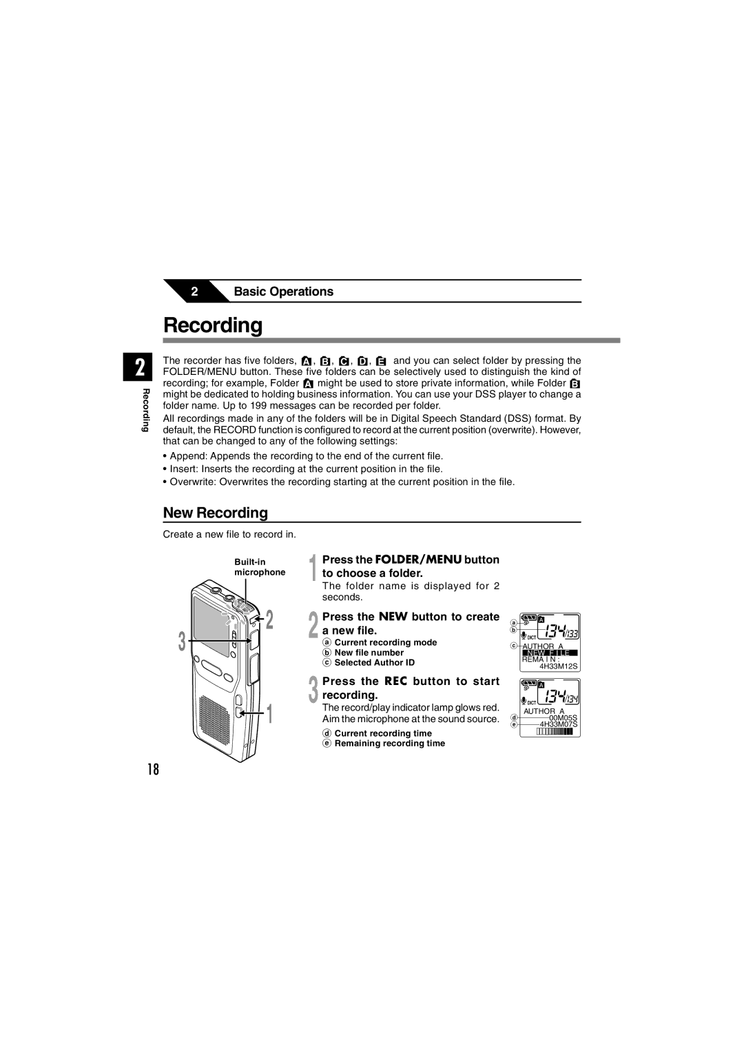 Olympus DS-2300 New Recording, Press the NEW button to create a new file, Press the REC button to start recording 