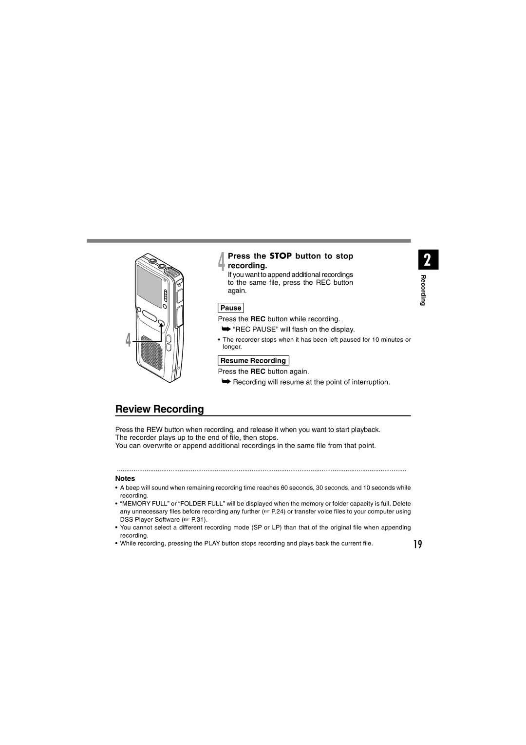 Olympus DS-2300 manual Review Recording, Press the Stop button to stop recording, Pause, Resume Recording 