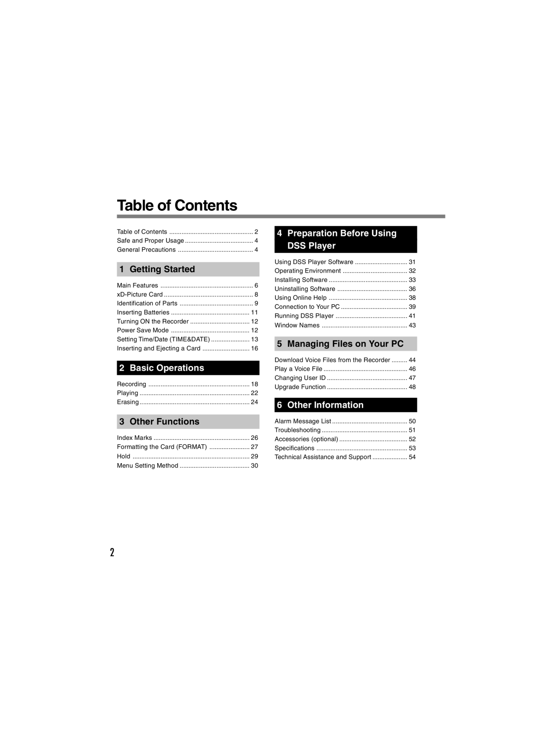 Olympus DS-2300 manual Table of Contents 