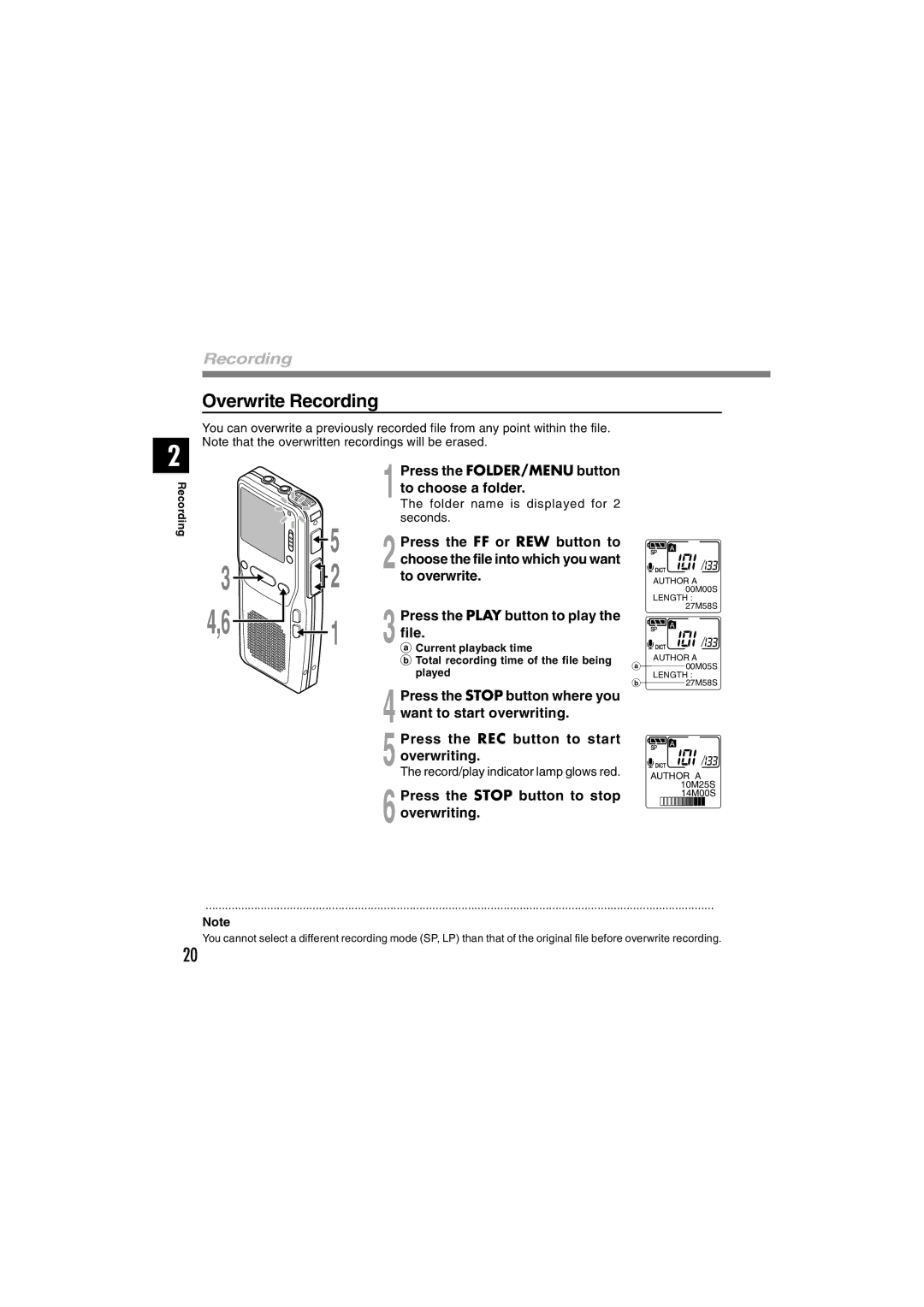 Olympus DS-2300 manual Overwrite Recording, Press the Stop button to stop overwriting 