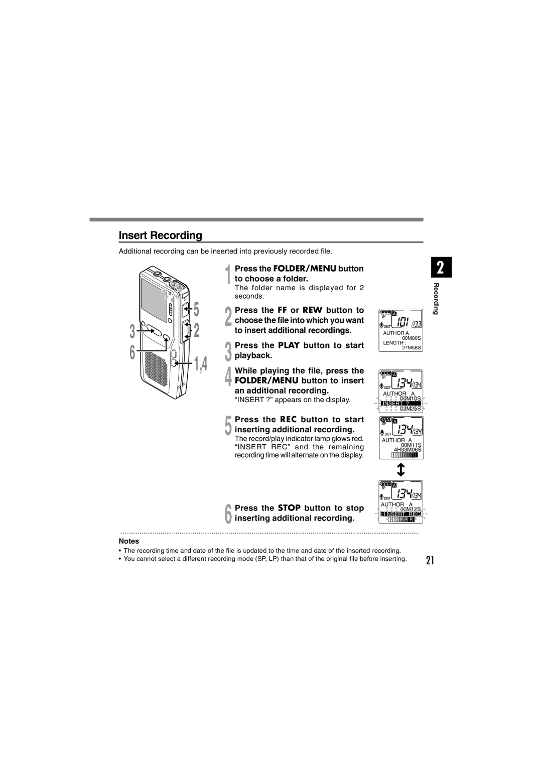 Olympus DS-2300 manual Insert Recording, Press the REC button to start inserting additional recording 