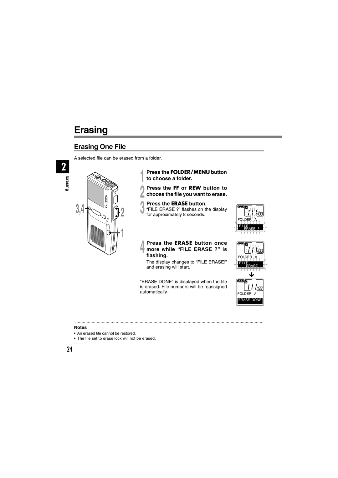 Olympus DS-2300 manual Erasing One File 