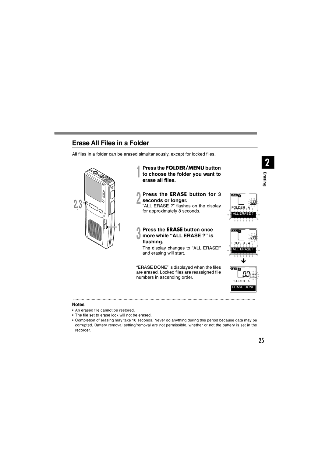 Olympus DS-2300 Erase All Files in a Folder, Press the Erase button once, Flashing, ALL Erase ? flashes on the display 