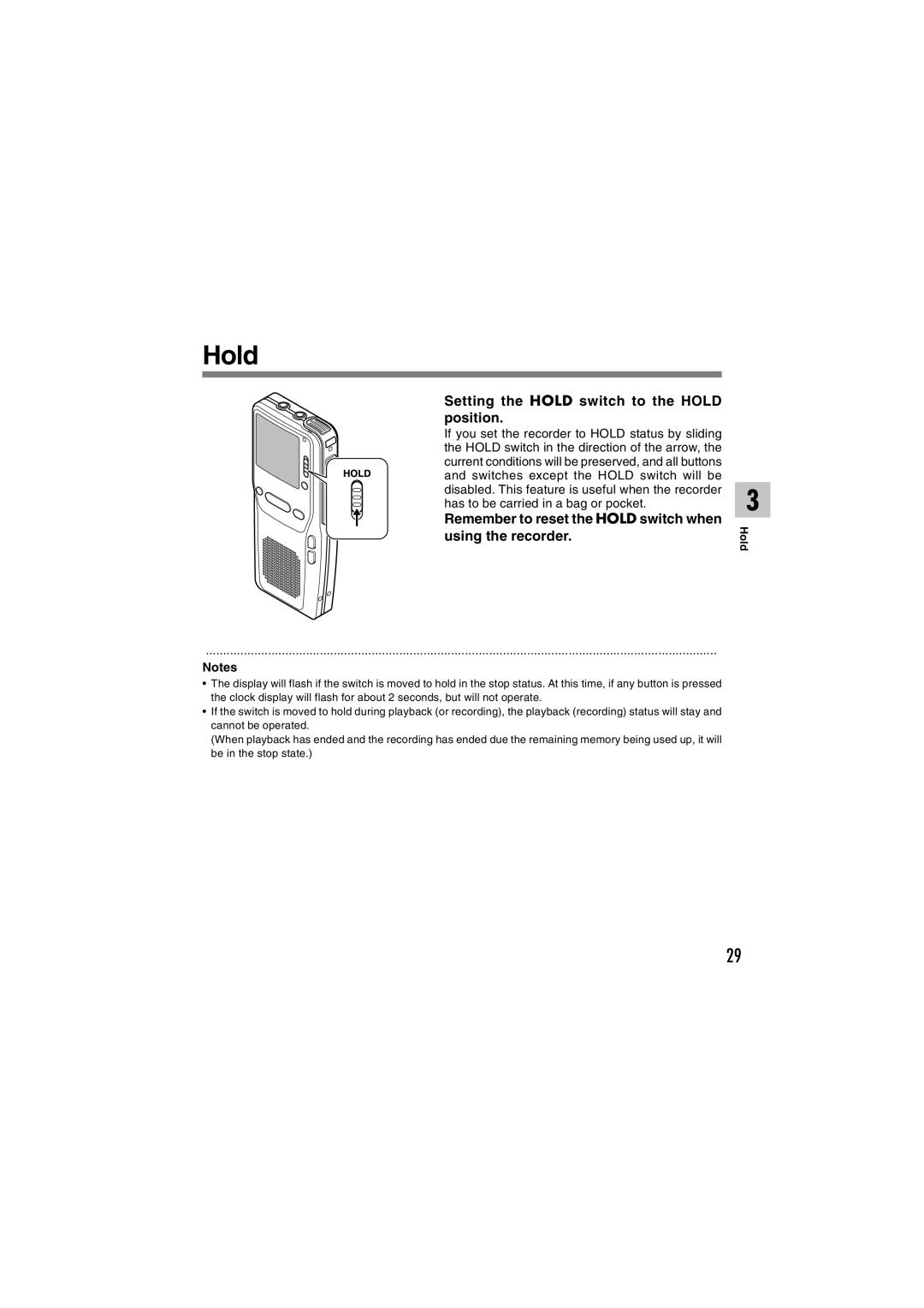 Olympus DS-2300 manual Setting the Hold switch to the Hold position 