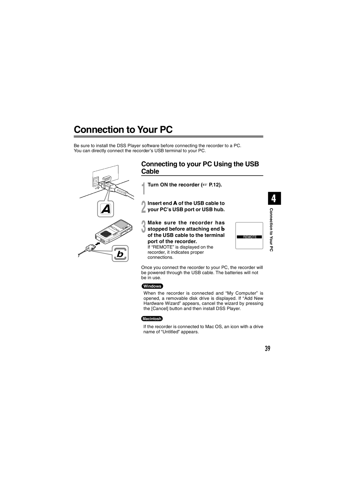 Olympus DS-2300 manual Connection to Your PC, Connecting to your PC Using the USB Cable, Turn on the recorder P.12 