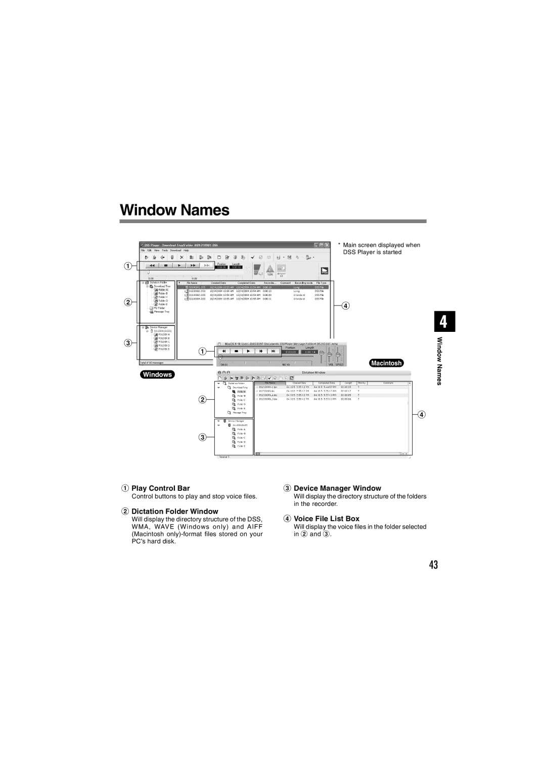 Olympus DS-2300 manual Window Names, Play Control Bar, Dictation Folder Window, Device Manager Window, Voice File List Box 