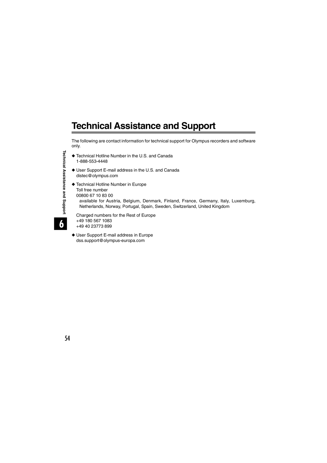 Olympus DS-2300 manual Technical Assistance and Support 