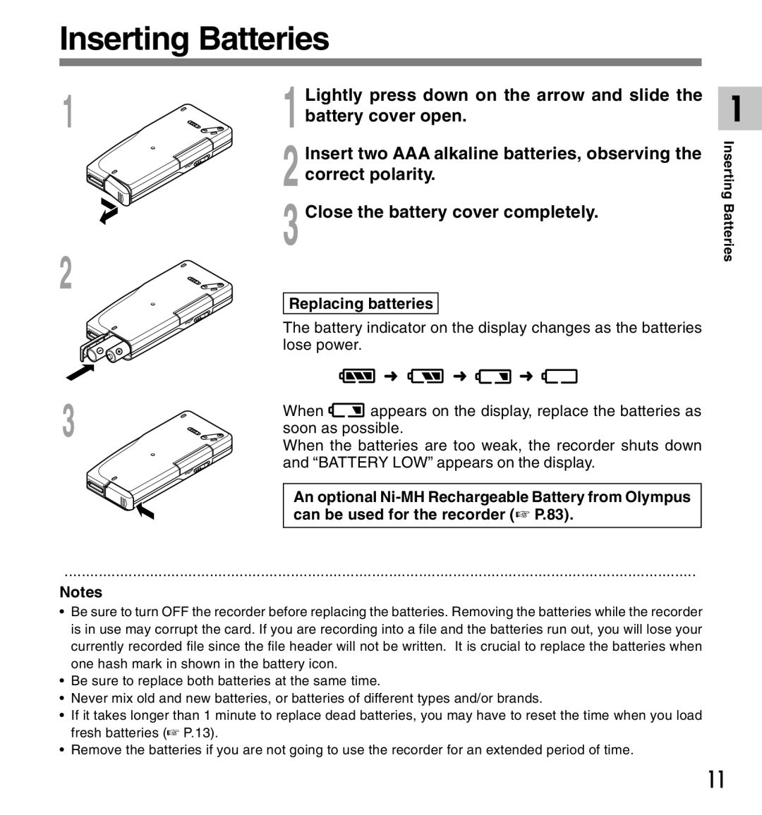 Olympus DS-2300 Inserting Batteries, Lightly press down on the arrow and slide, Battery cover open, Replacing batteries 