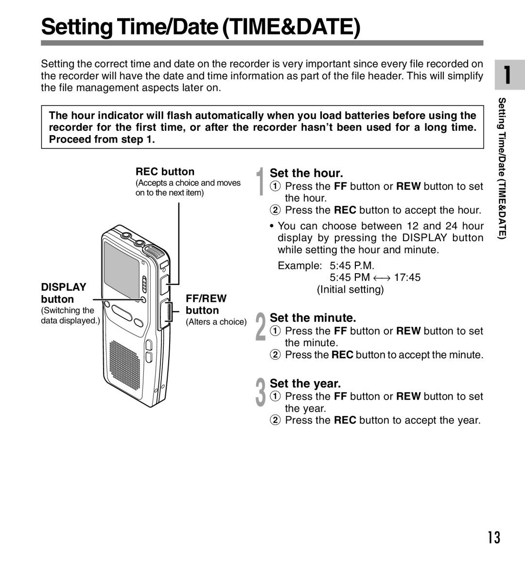 Olympus DS-2300 manual Setting Time/Date TIME&DATE, 1Set the hour, 2Set the minute, 3Set the year 