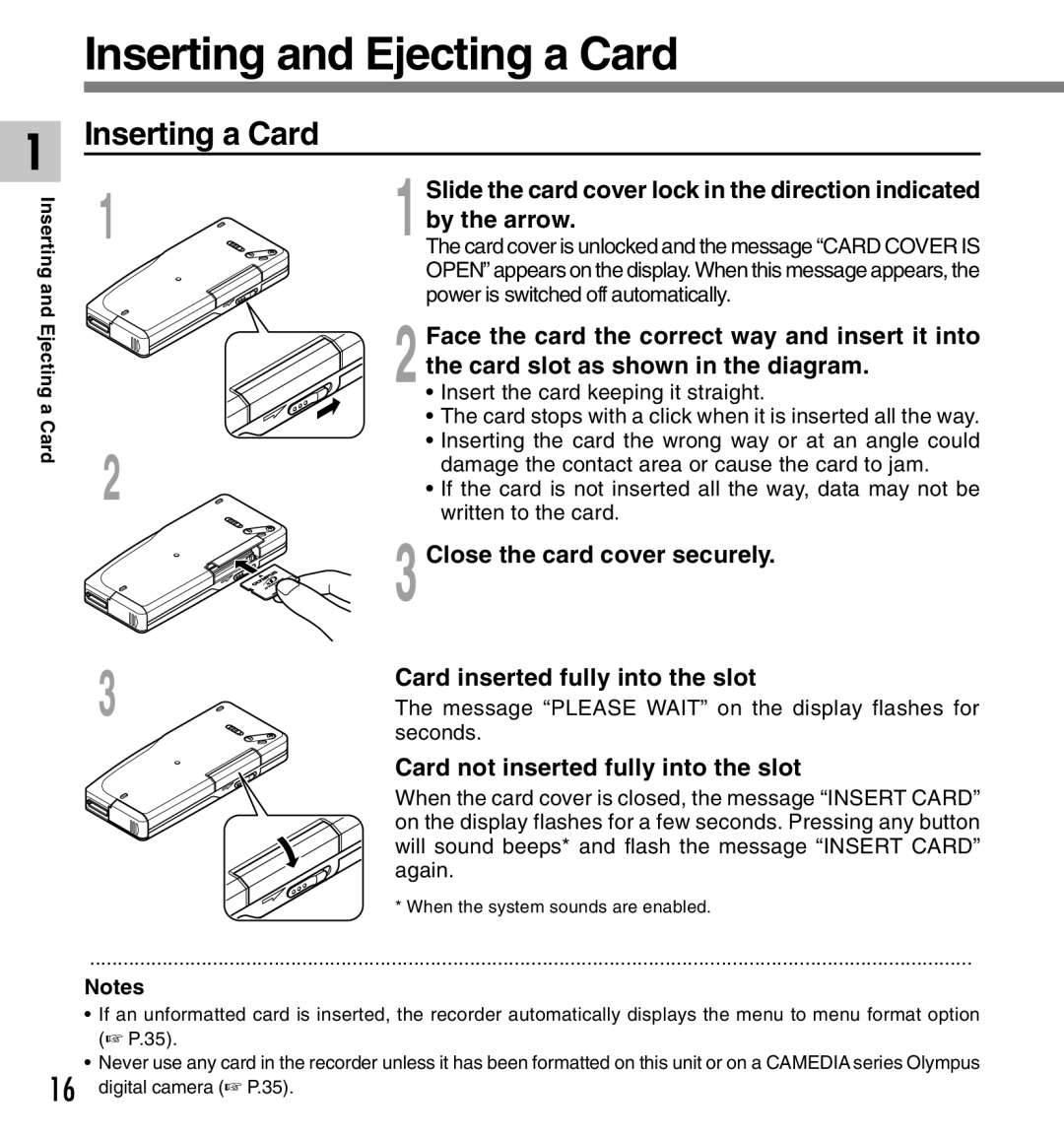 Olympus DS-2300 manual Inserting and Ejecting a Card, Inserting a Card 