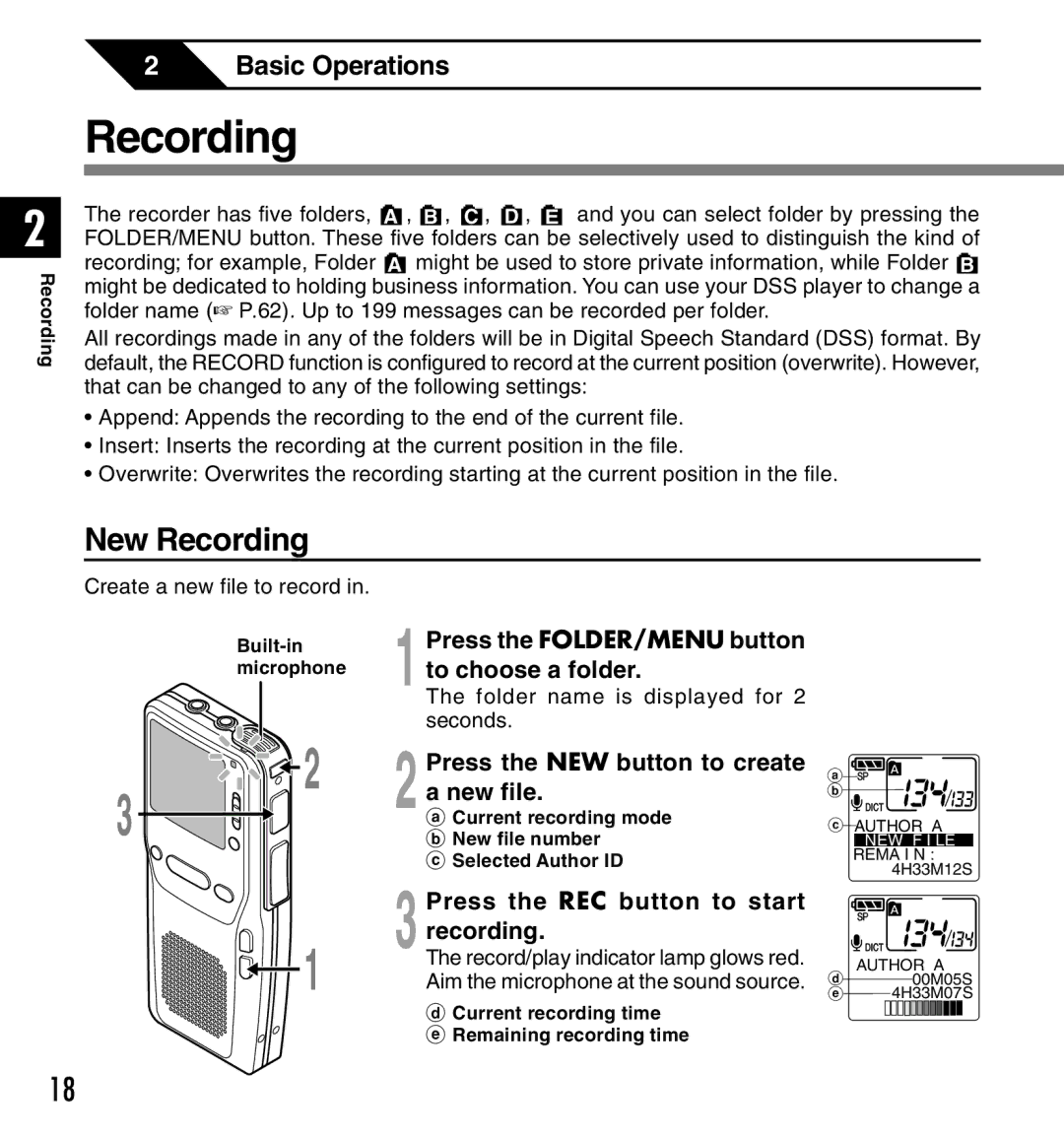 Olympus DS-2300 New Recording, Press the NEW button to create a new file, Press the REC button to start recording 