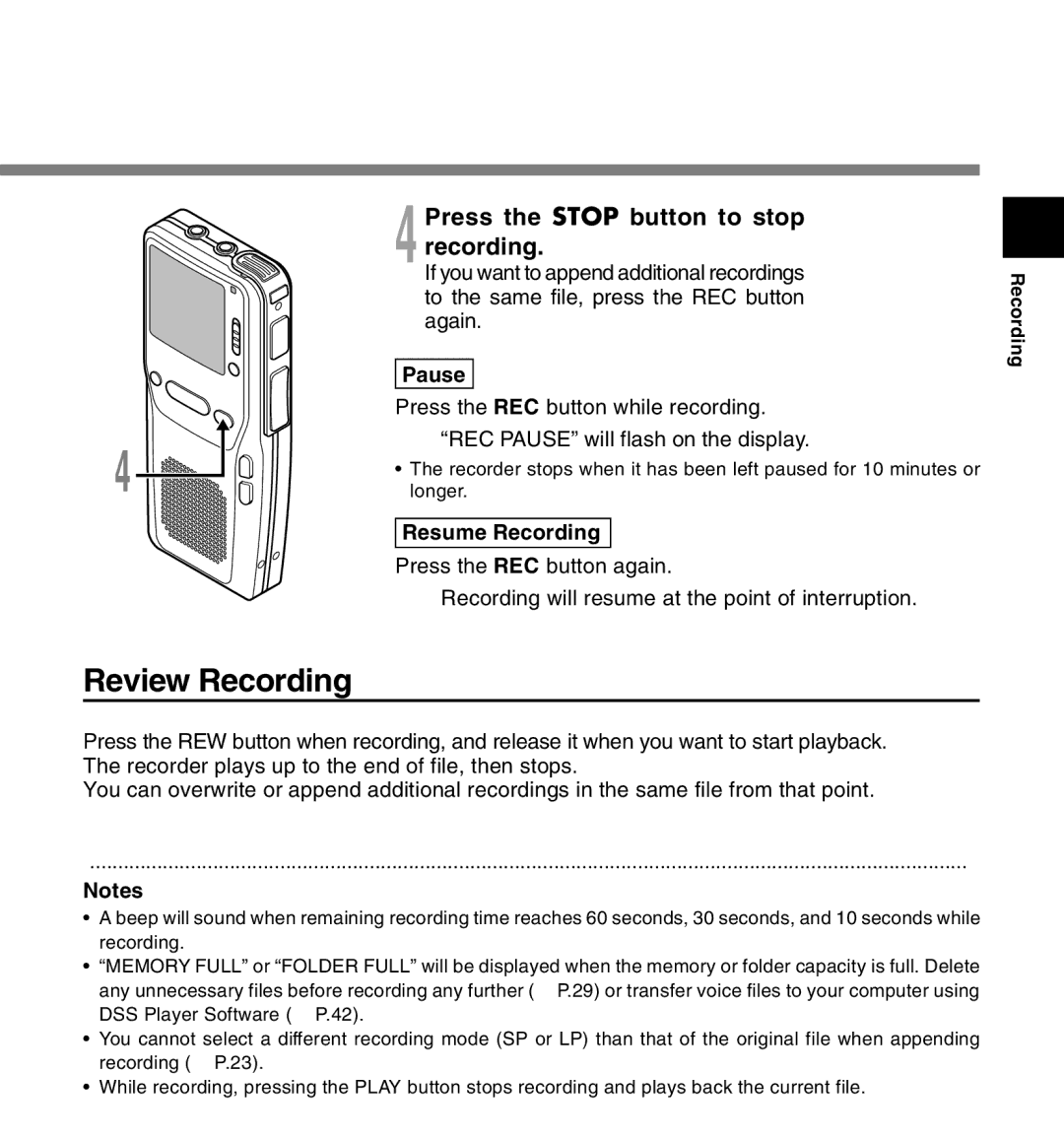 Olympus DS-2300 manual Review Recording, 4Press the Stop button to stop recording, Pause, Resume Recording 