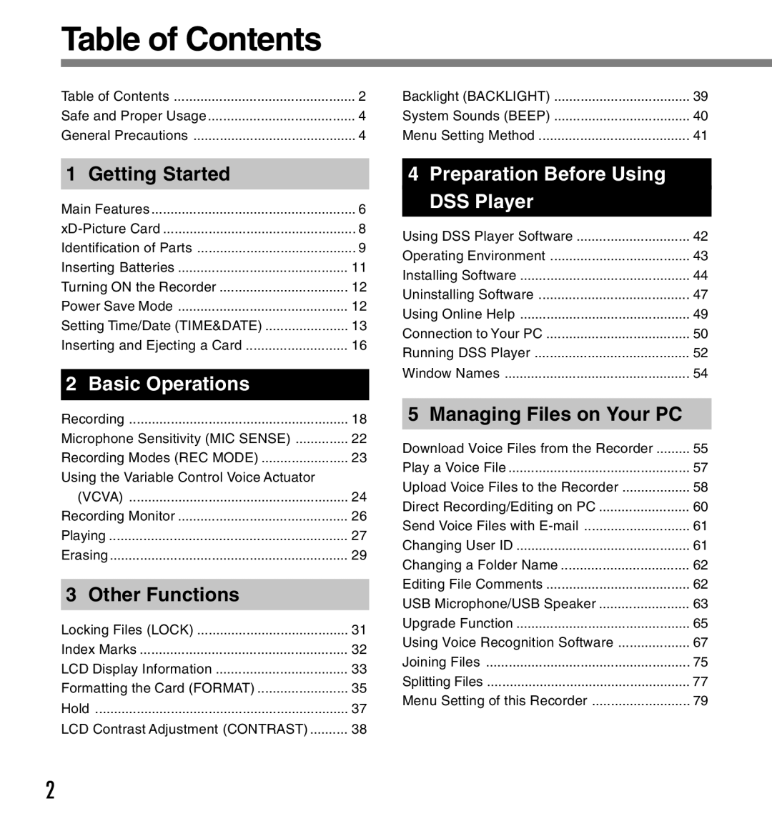 Olympus DS-2300 manual Table of Contents 