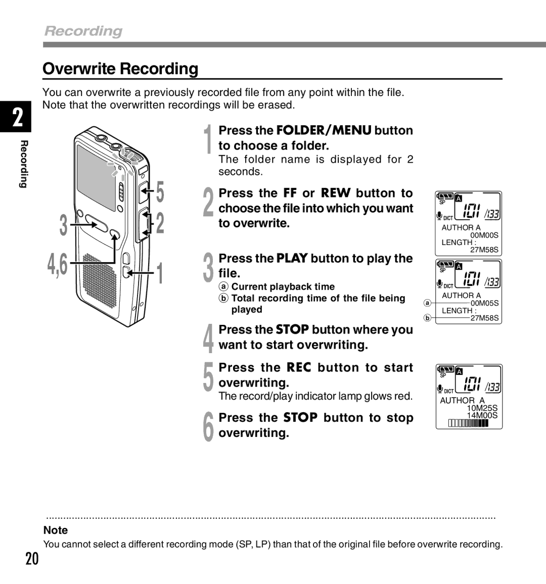 Olympus DS-2300 manual Overwrite Recording, Press the Stop button to stop overwriting 