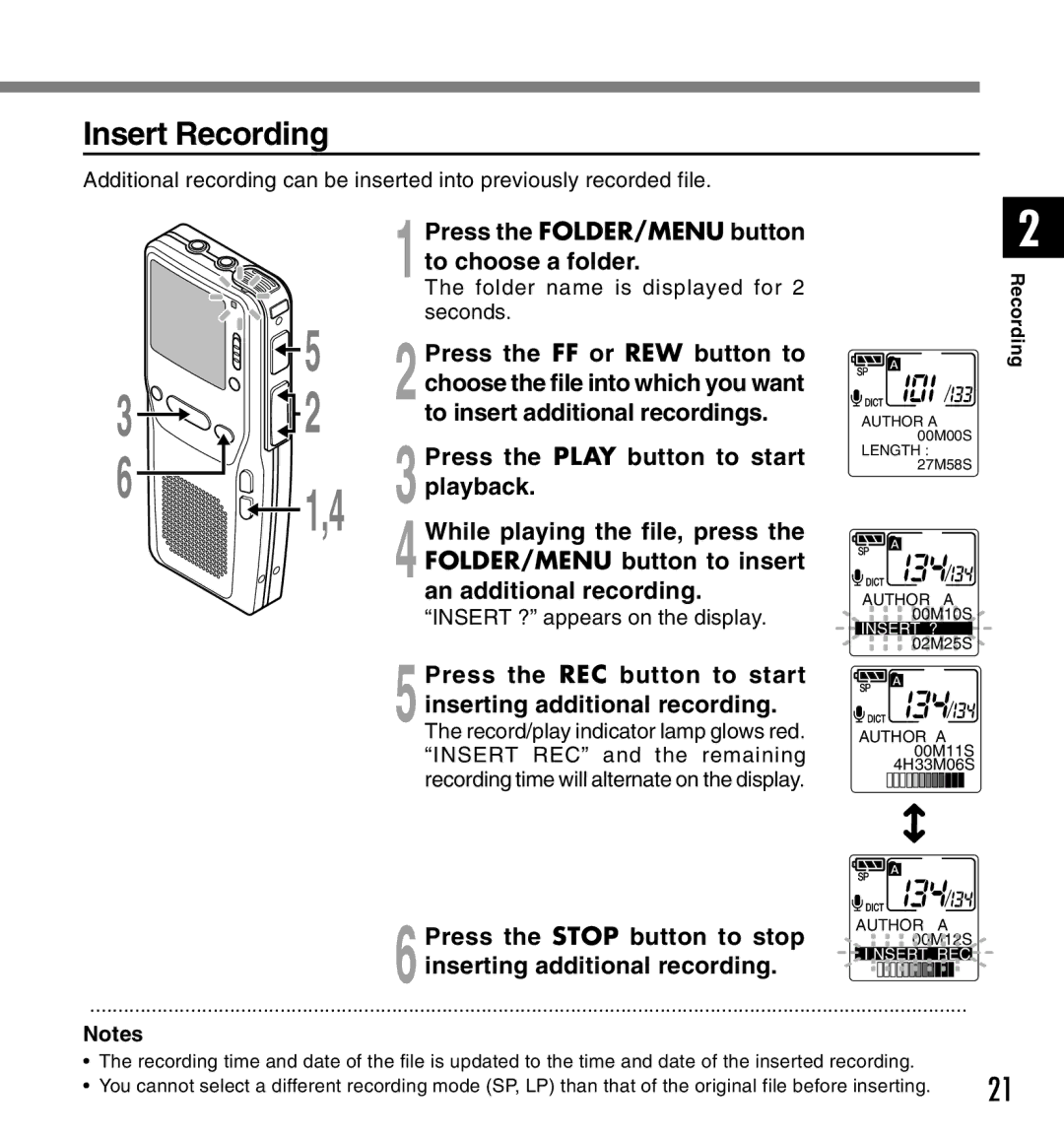 Olympus DS-2300 manual Insert Recording, 1Press the FOLDER/MENU button to choose a folder 