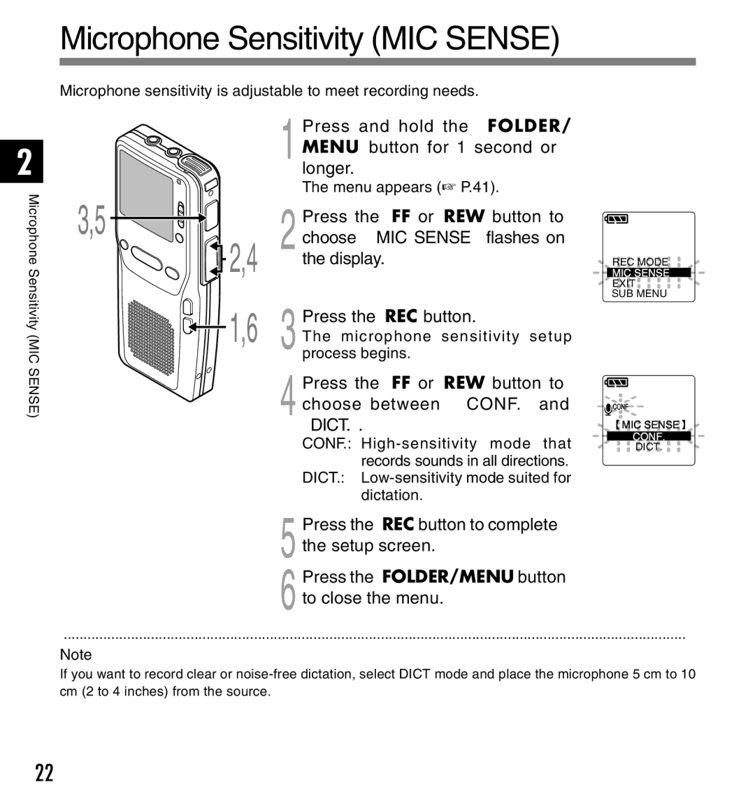 Olympus DS-2300 manual Microphone Sensitivity MIC Sense, Press the FF or REW button to choose between CONF. and Dict 