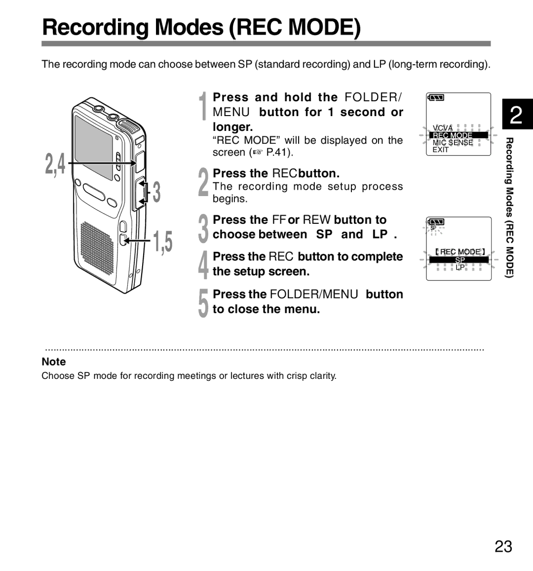 Olympus DS-2300 manual Recording Modes REC Mode, 2Press the REC button 