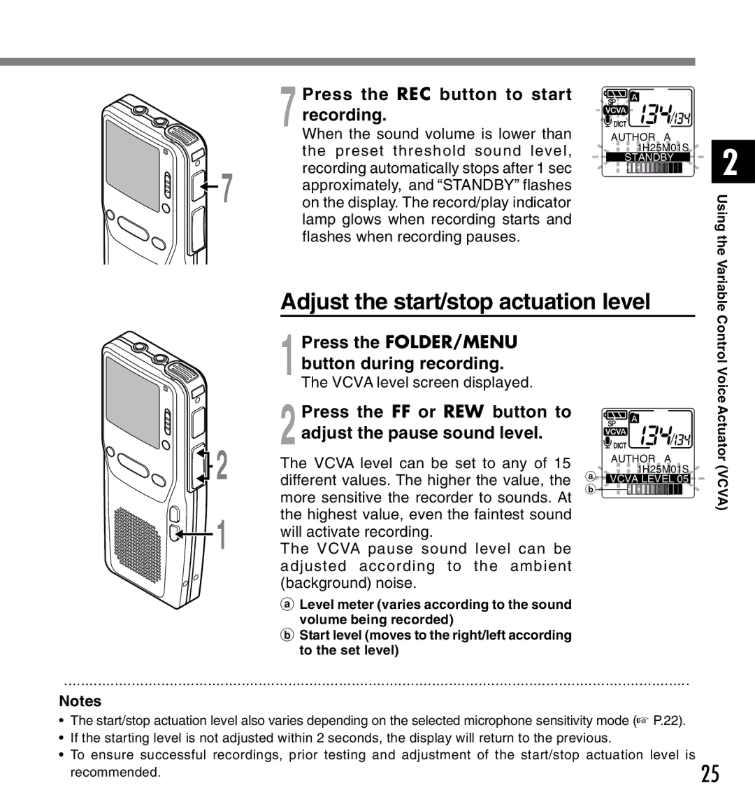 Olympus DS-2300 manual Adjust the start/stop actuation level, Button during recording 