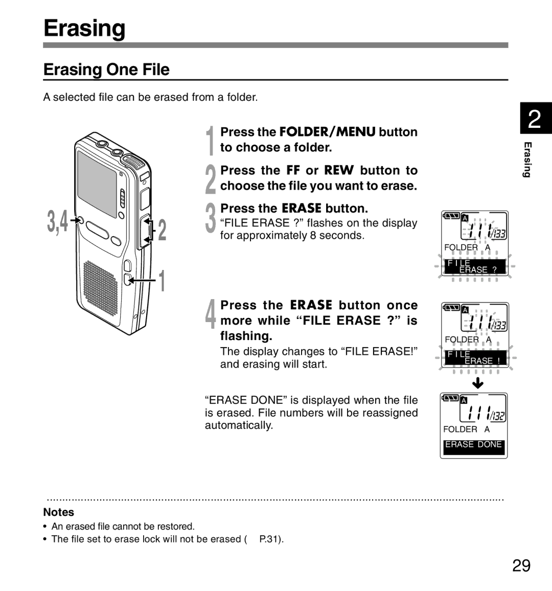Olympus DS-2300 manual Erasing One File 