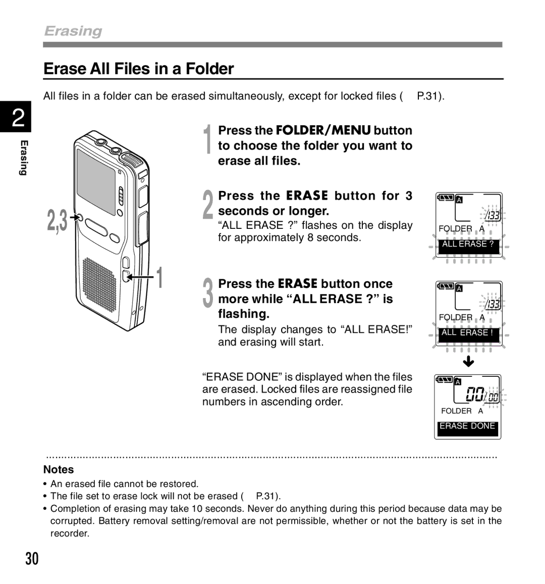 Olympus DS-2300 Erase All Files in a Folder, Press the Erase button once, Flashing, ALL Erase ? flashes on the display 