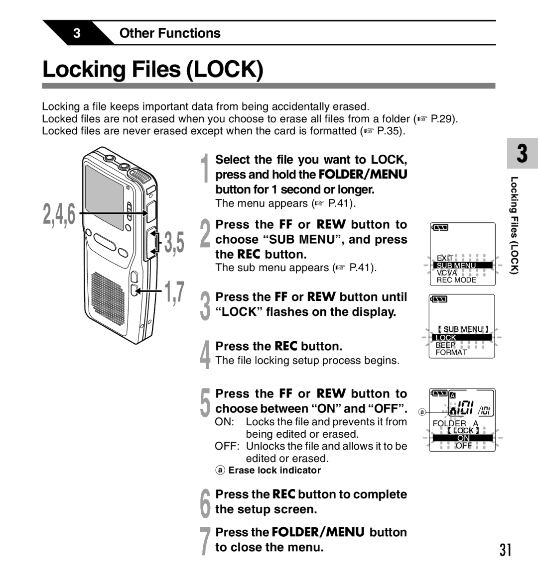 Olympus DS-2300 manual Locking Files Lock, Press the FF or REW button to choose between on and OFF. a 