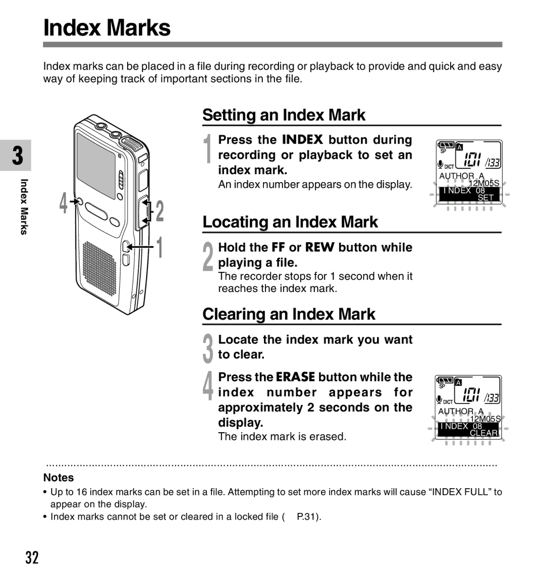 Olympus DS-2300 manual Index Marks, Setting an Index Mark, Locating an Index Mark, Clearing an Index Mark 