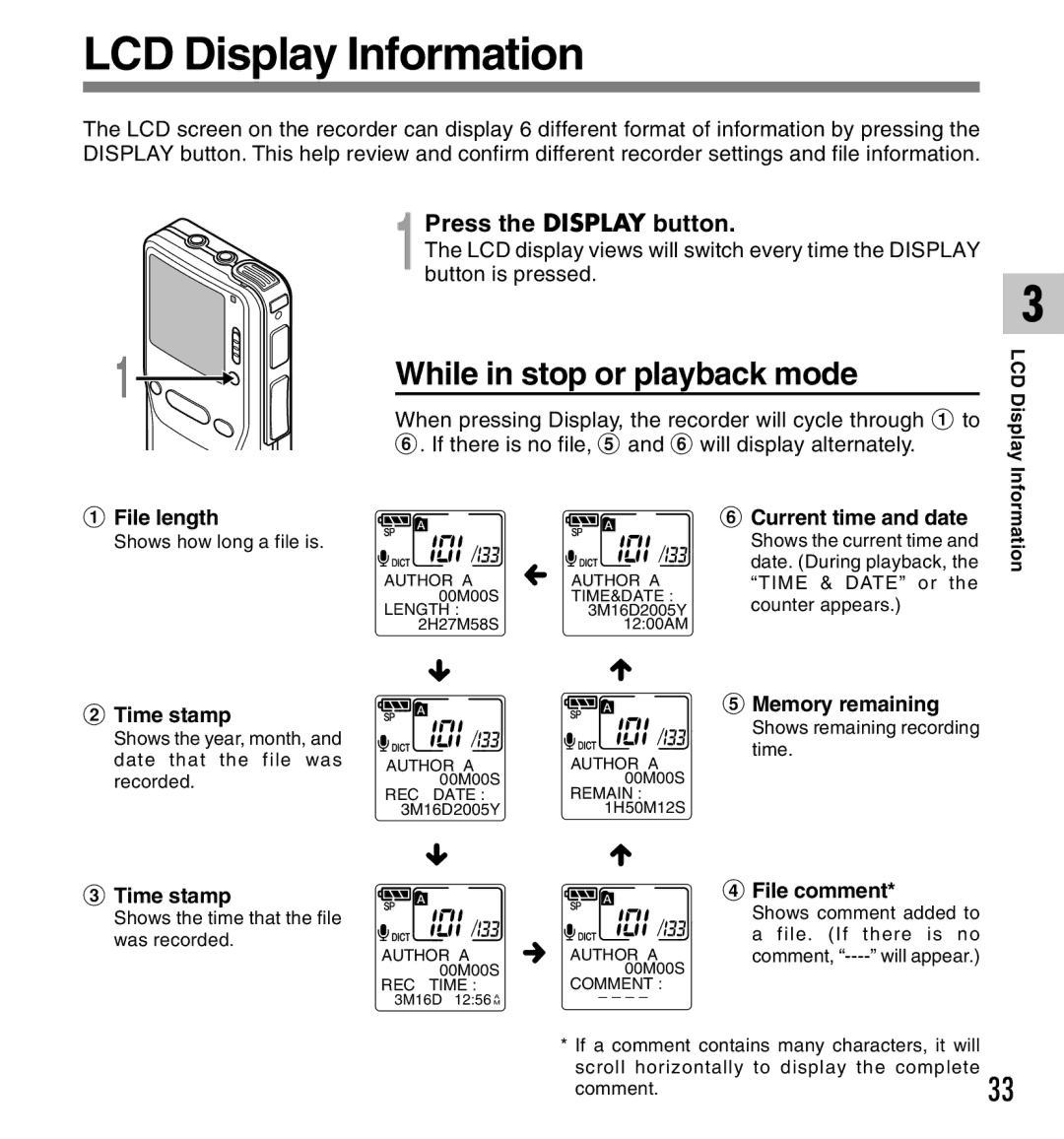 Olympus DS-2300 manual LCD Display Information, While in stop or playback mode, 1Press the Display button 