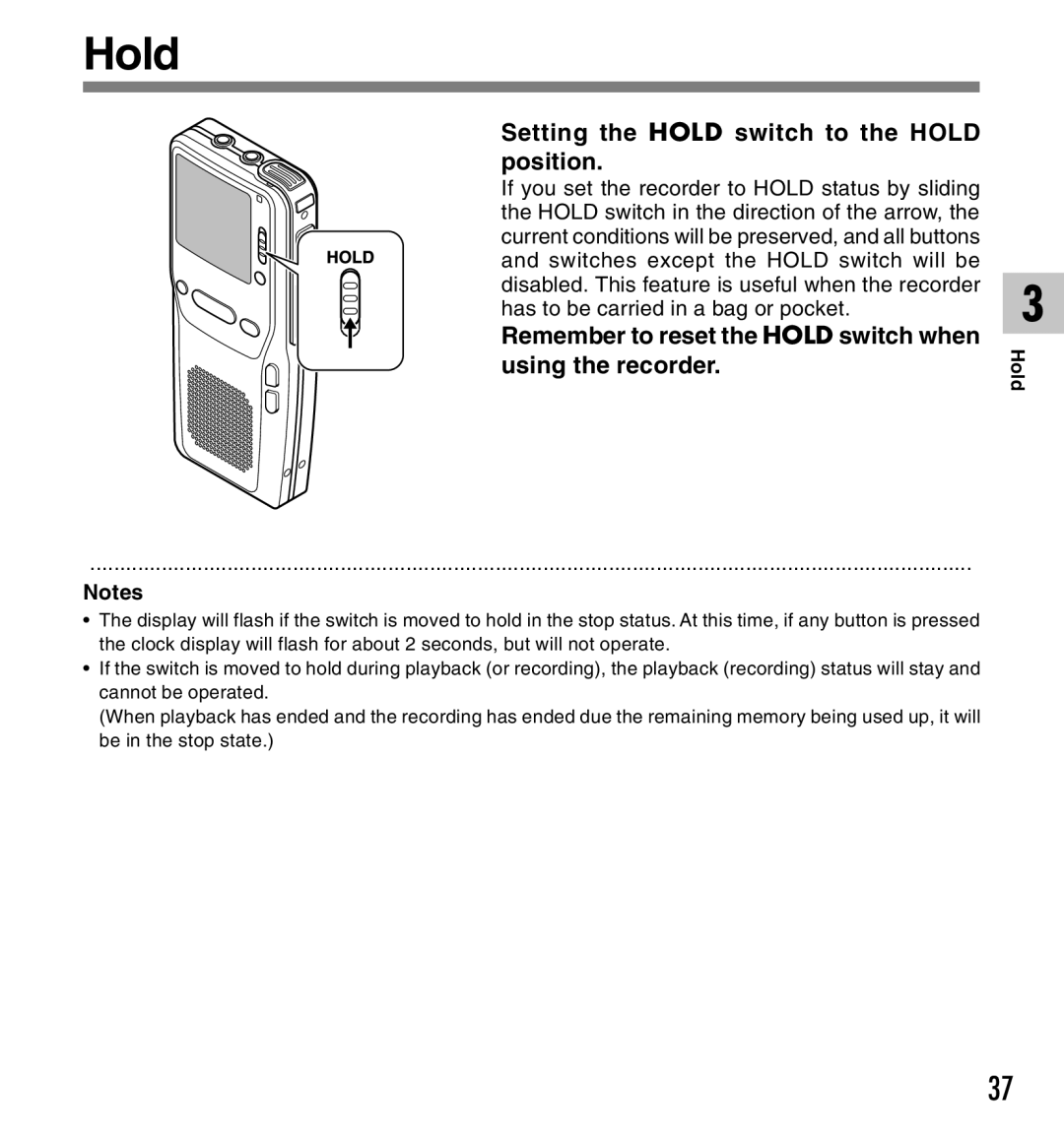 Olympus DS-2300 manual Setting the Hold switch to the Hold position 