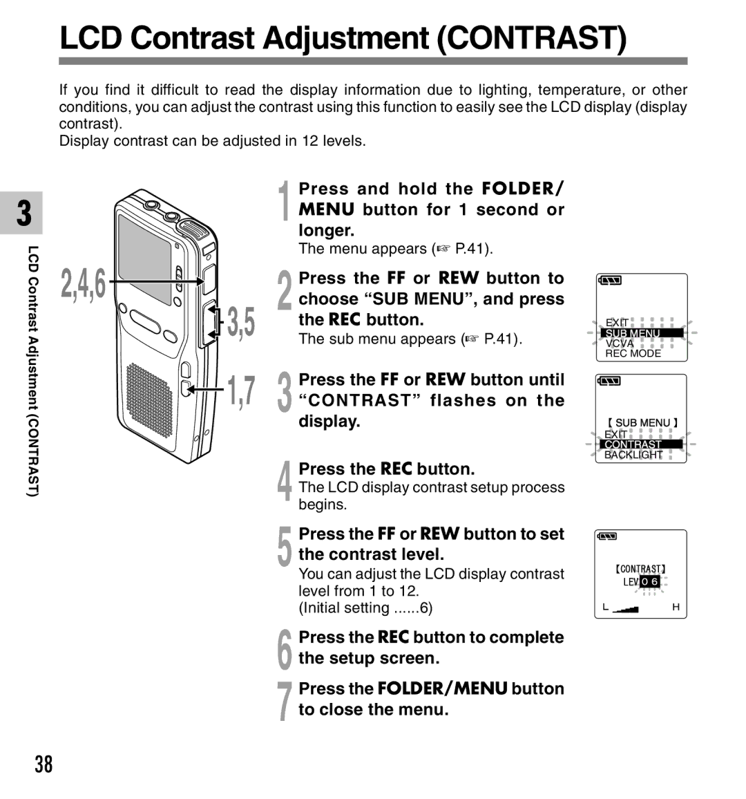 Olympus DS-2300 manual LCD Contrast Adjustment Contrast, REC button, Press the FF or REW button to set the contrast level 