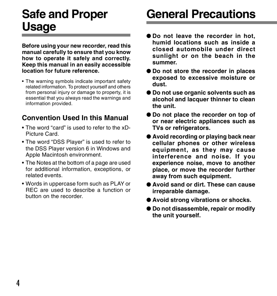 Olympus DS-2300 manual Safe and Proper Usage, General Precautions 