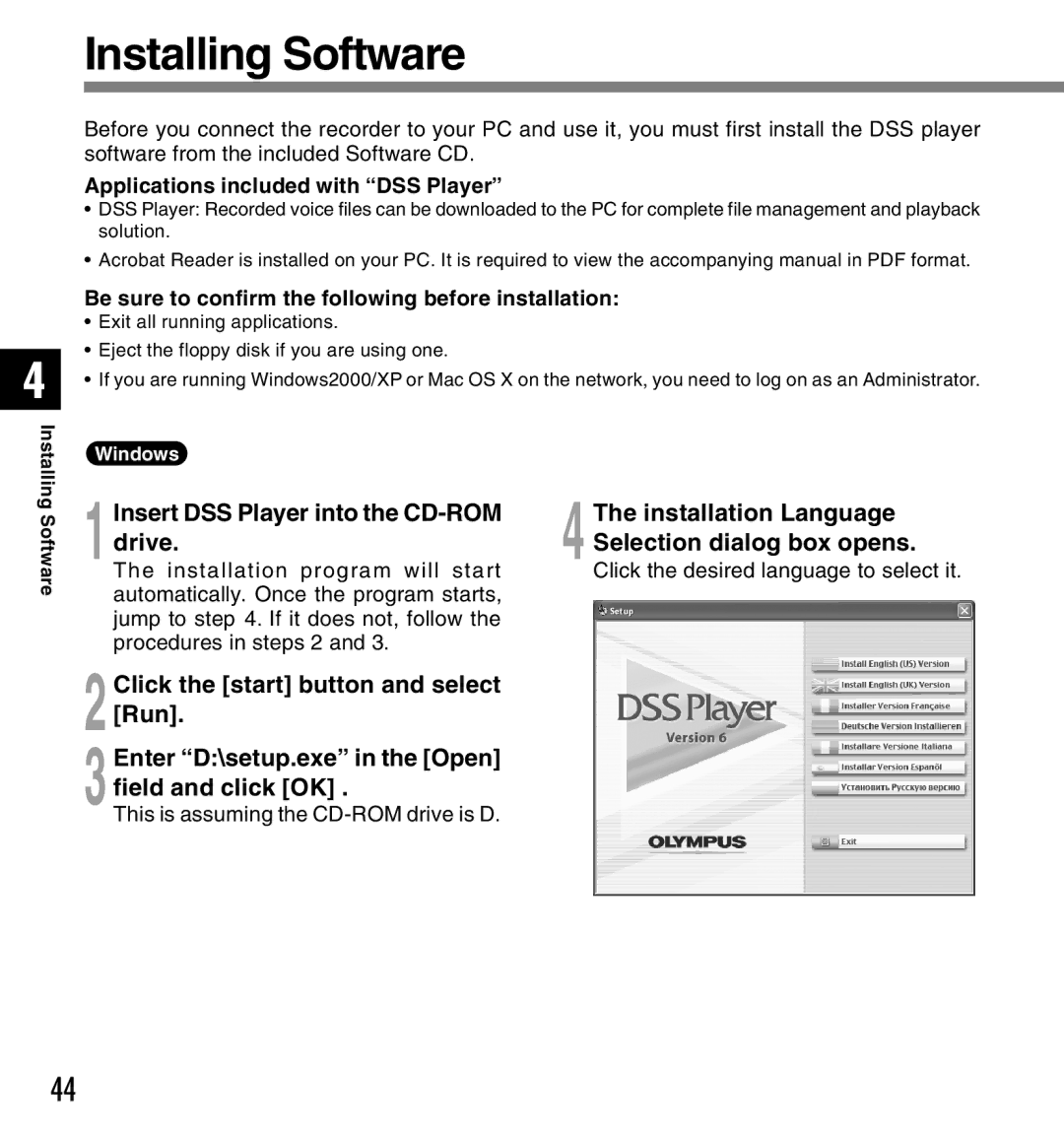 Olympus DS-2300 manual Installing Software, 1Insert DSS Player into the CD-ROM drive, Applications included with DSS Player 
