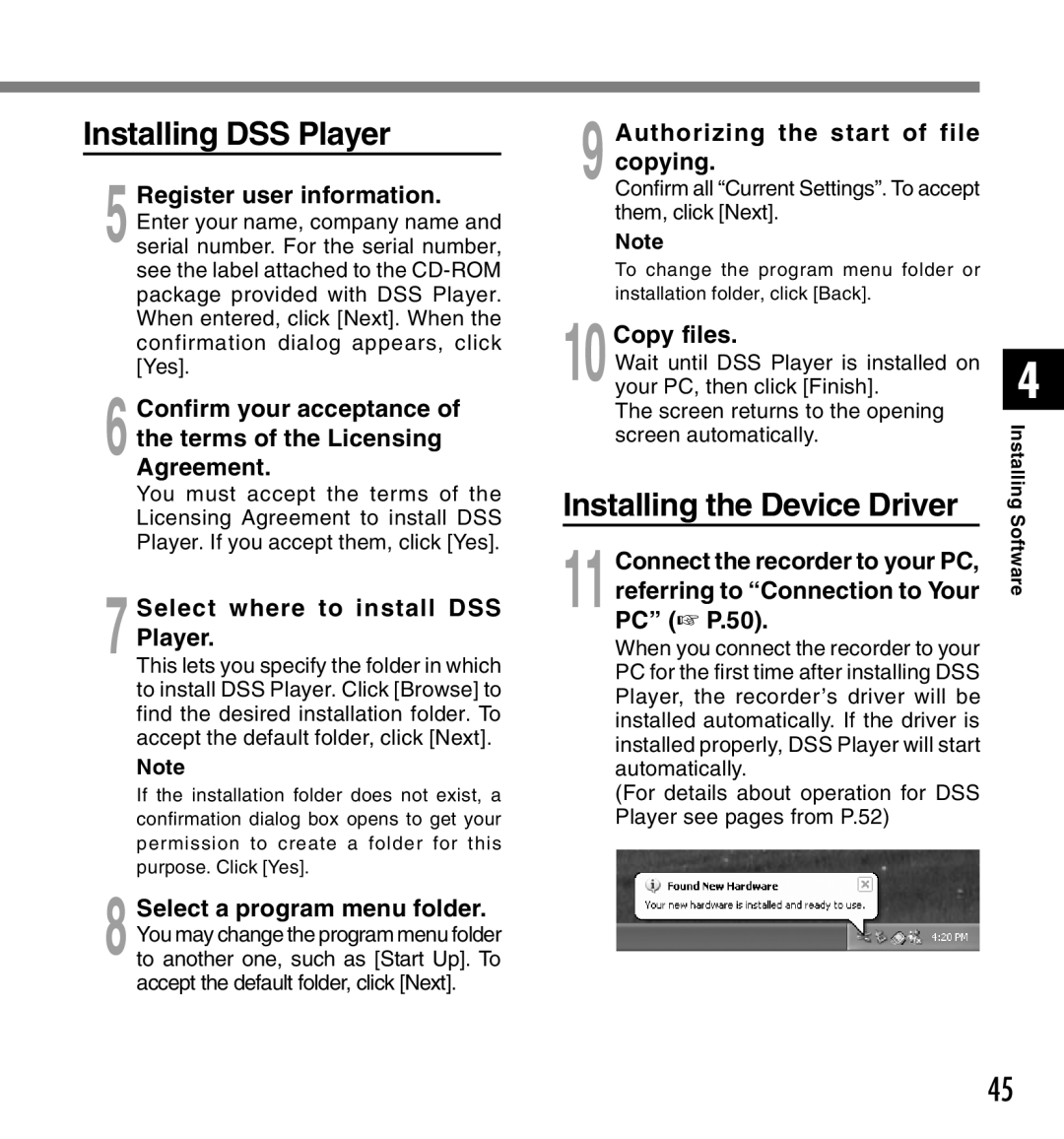Olympus DS-2300 Installing DSS Player, Installing the Device Driver, Select where to install DSS Player, 10Copy files 