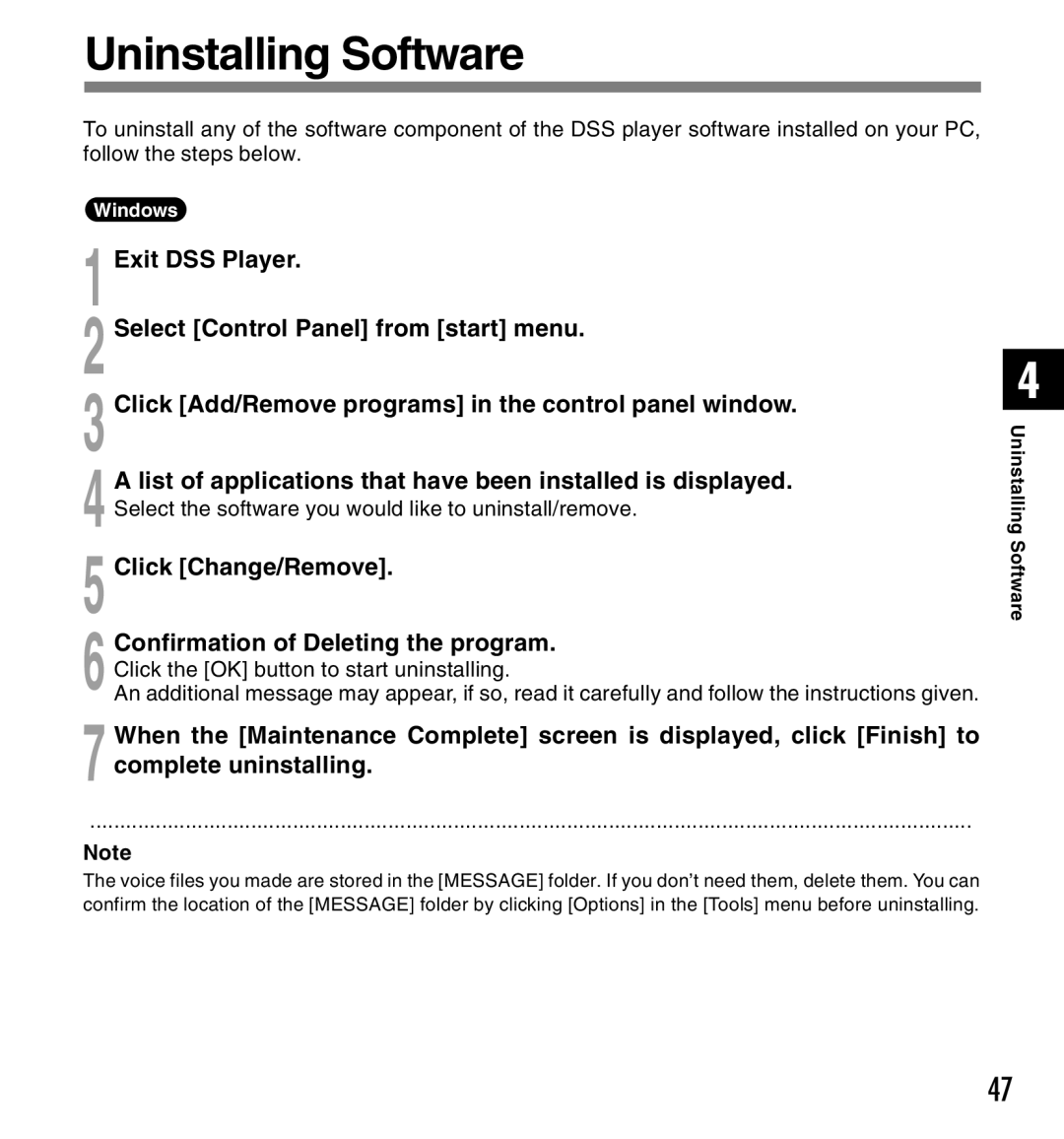 Olympus DS-2300 manual Uninstalling Software, Click Change/Remove 