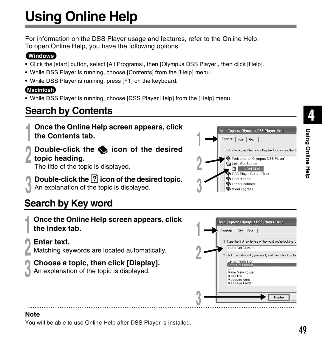 Olympus DS-2300 manual Using Online Help, Search by Contents, Search by Key word 