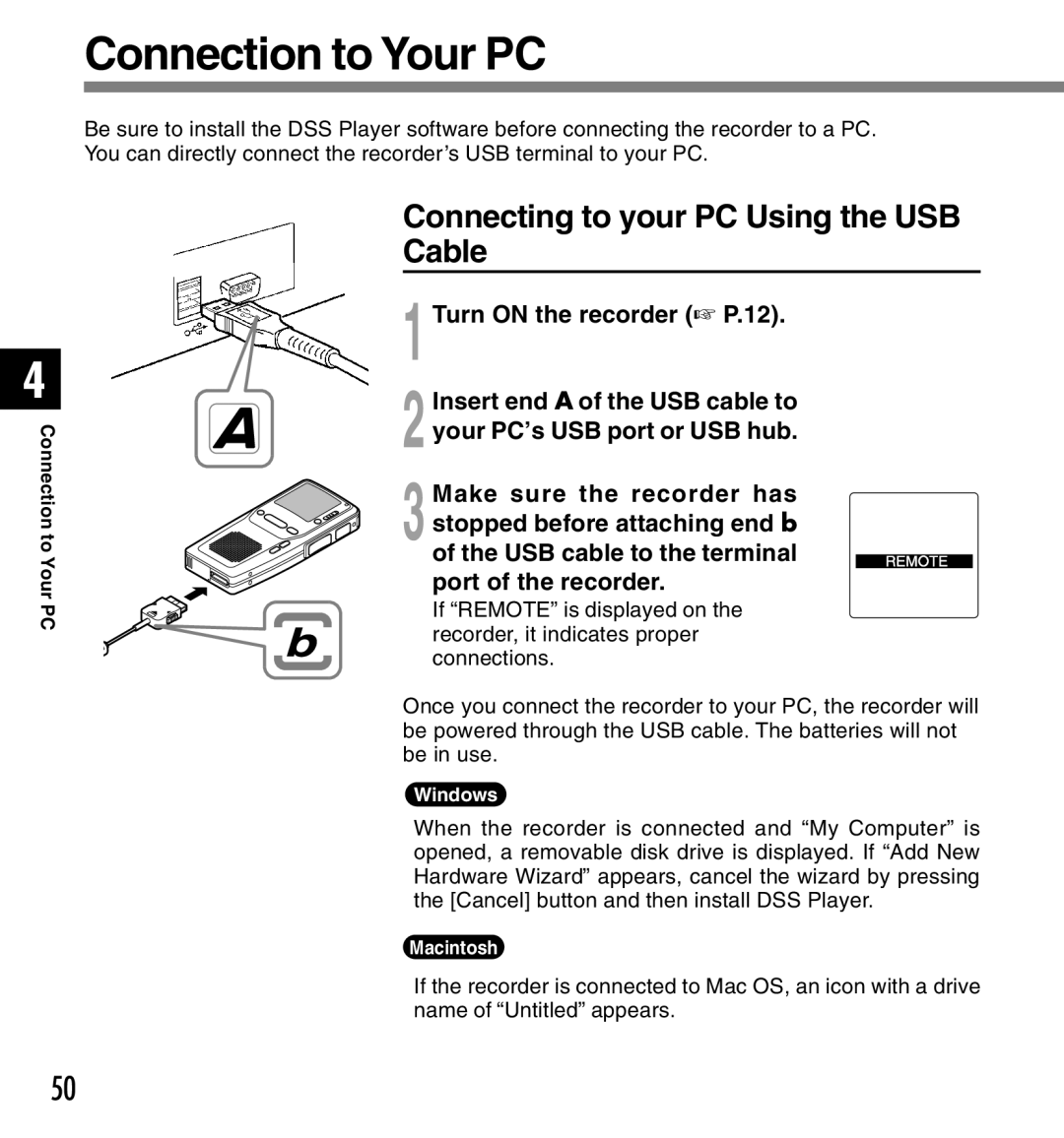 Olympus DS-2300 manual Connection to Your PC, Connecting to your PC Using the USB Cable 