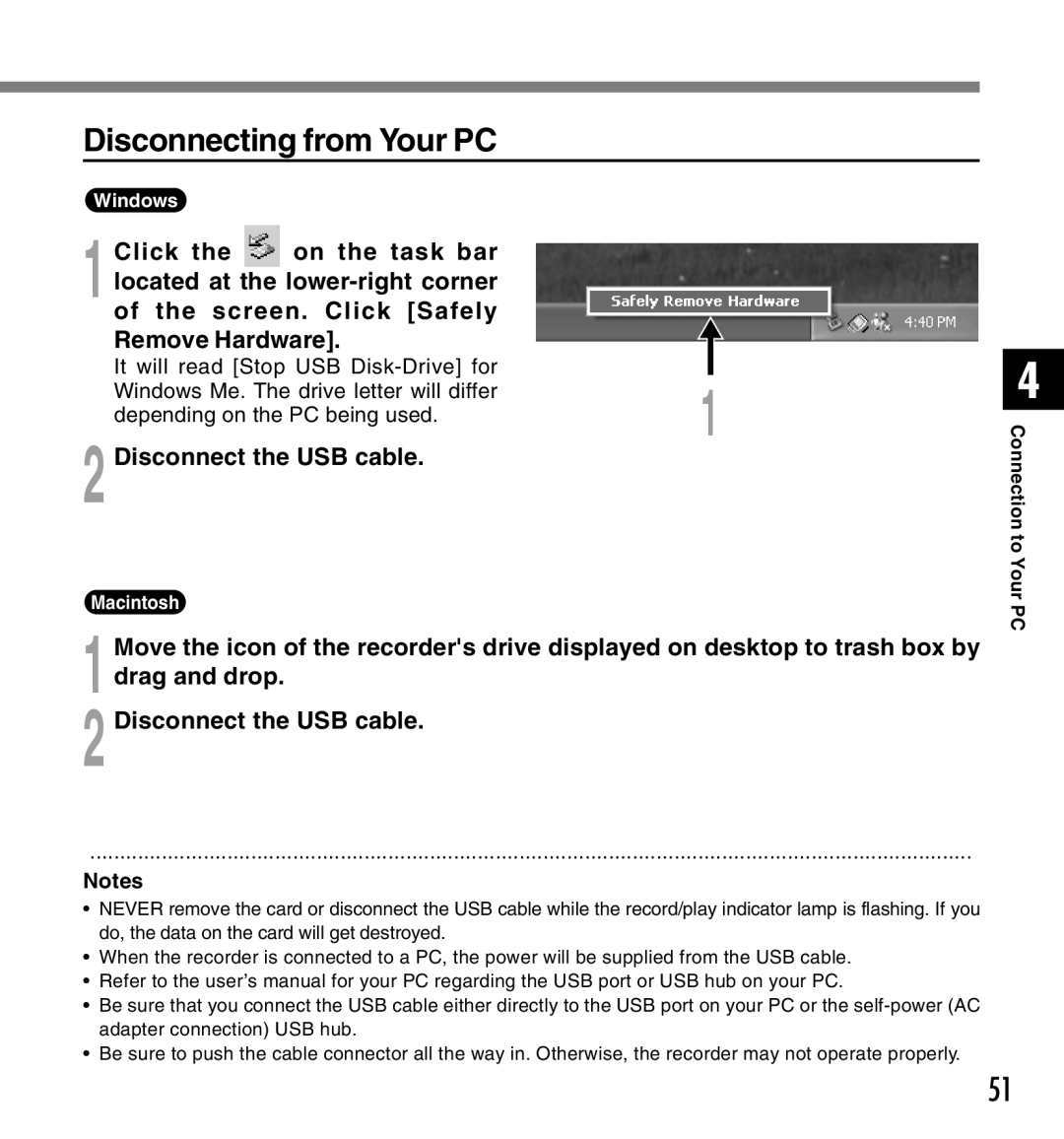 Olympus DS-2300 manual Disconnecting from Your PC, Click On the task bar, Lower-right corner, Disconnect the USB cable 