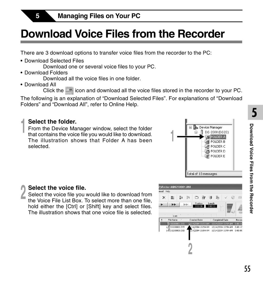 Olympus DS-2300 manual Download Voice Files from the Recorder, Select the folder, Select the voice file 